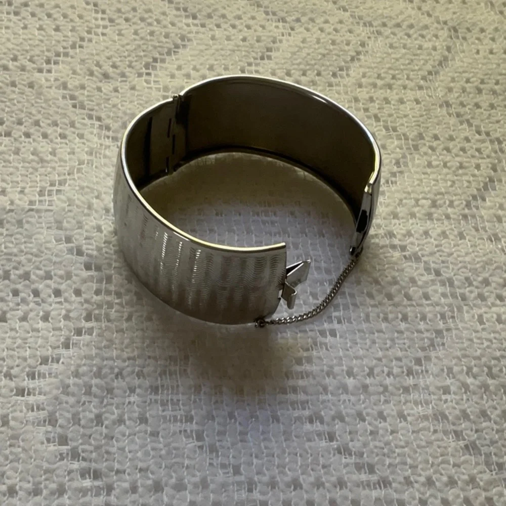 Silver Hinged Cuff Bracelet Wave Texture